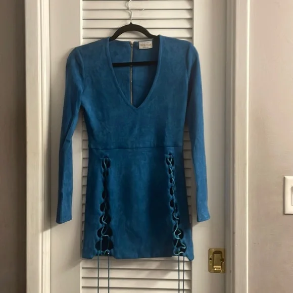Oh Polly Tied and gone to Heaven Faux Suede Lace up Dress in Petrol Blue Size 8 - Picture 5 of 8